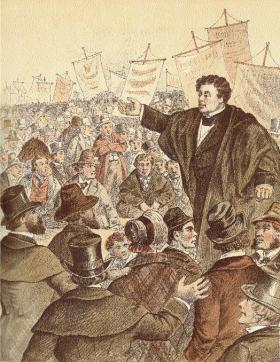 The Liberator addressing the electors of Clare—‘. . . major figures, such as de Valera or O’Connell, require longer entries because it would be very frustrating for someone not to find them in a dictionary of Irish biography’. (Maclure & Macdonald Lithographers, Glasgow)