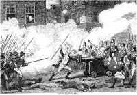 The Battle of Ross-'One rebel, emboldened by fanaticism and drunkedness, advanced before his comrades, seized a gun, crammed his hat and wig into it, and cried out, "Come on, boys! her mouth is stopped" At that instant the gunner laid the match to the gun, and blew the unfortunate savage to atoms' - W.H. Maxwell, History of the Irish Rebellion in 1798(London 18445), footnote p.118. George Cruiksank was at the hight of his fame when he drew the book's technically brilliant illustrations. These heavily propagandist works paved the way for the brutish simian 'Paddy' which was to become the Britishstereotype of the post-famine period.