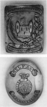 Yeomanry belt plates - Glenauly [County Fermanagh]Infantry and Belfast Merchant's Crops. (Reproduced with the kind permission of the Trustees of the Ulster Museum, Belfast)