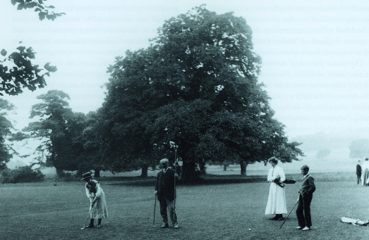 Women playing golf at Delgany, Co. Wicklow. The early development of women's golf is highlighted by the fact that the Irish Ladies Golfing Union was founded in 1893. (National Library of Ireland)