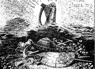 Detail from a Repeal Association membership card showing a heap of abandoned instruments of violence. Note the crown (under the harp) which inspired the ‘Milesian Cap'.