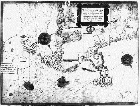 Late sixteenth-century map (south-facing) of the ‘North Channel World'-Kintyre on the left, Antrim on the right. (Public Records Office)