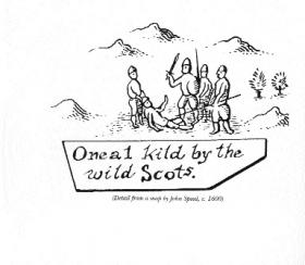 The assassination of Shane O’Neill at the hands of the MacDonnells in 1567, from John Speed’s 1599 historical map, ‘The invasions of England and Ireland with al their civil wars since the conquest’.