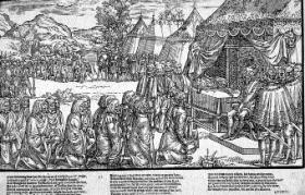 The submission of Turlough Luineach O’Neill to Lord Deputy Sidney. This depiction is largely spin. Turlough did become more amenable over time but meetings with him were never this decorous. Sidney records in his memoir of a meeting with Turlough at Newry, at which very little negotiating was done, that ‘he brought above £400 sterling to the town and spent it all in three days; he celebrated Bacchus’ feast most notably and as he thought much to his glory’. (John Derricke’s Image of Irelande [London, 1581])