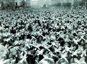 Members of the Irish Christian Front making the sign of the cross at a meeting in Grand Parade, Cork, 1936. The prospect of pressure from active Catholic bodies was always likely to influence calculations in relation to constitution-making in 1930s Ireland. (Cork Examiner)