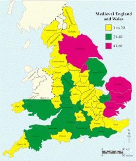 Fig.4—Recorded occurrences in England and Wales of surnames found in County Wexford 1169-1324.