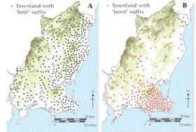 Fig.5—The barony of Forth is the only place in Ireland where there is a concentration of both ‘baile’ and ‘town’ place-names. (Matthew Stout after T. Jones-Hughes)