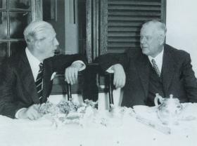 British prime minister Harold Macmillan in conversation with South African prime minister Hendrick Frensch Verwoerd in the course of his 1960 tour of Africa. (Macmillan Archives)