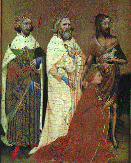 Wilton Diptych, painted c.1395â€“9. Richard II is depicted as a much younger man, kneeling before his three favourite saints (left to right)-St Edmund the Martyr, St Edward the Confessor and St John the Baptist.