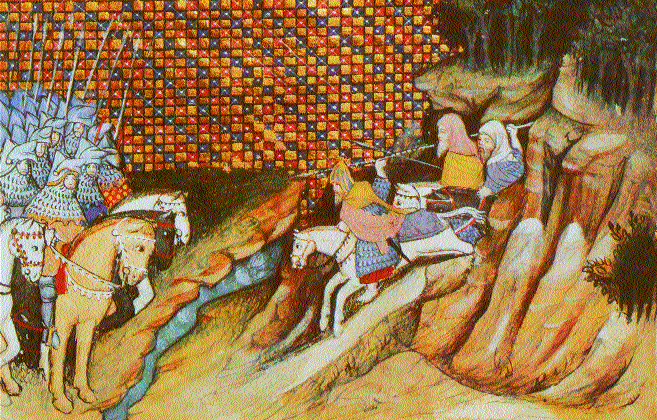 King of Leinster, Art Macmurrough (right), sallies forth to parley with Thomas, earl of Gloucester (left), Richard II's envoy on his second (1399) Irish campaign. From the illustrated eye witness account of the campaign by Jean Creton. (British Library)