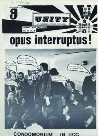 When a UCGSU general meeting narrowly reversed a previous decision to fund the newly established Galway Family Planning Association in February 1976, independent student newspaper Unity made the (unsubstantiated) claim of Opus Dei involvement. UCGSU president John Curran is holding the megaphone, while incoming USI president Eamon Gilmore is on the extreme right.