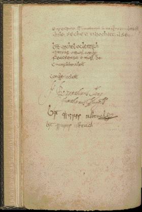 Thuas: Leathanach sínithe Annála na gCeithre Máistrí [the signature page of the Annals of the Four Masters]. (UCD-OFM Partnership)