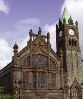 Derry/Londonderry’s neo-Gothic Guildhall was completed in 1912 to replace an earlier city hall destroyed by fire in 1908. (The Honourable the Irish Society)