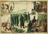 'The Fight For Bare Life On The Olphert Estate’ (United Ireland, 12 January 1889, J.D. Reigh). Paddy O’Donnell and his family peacefully remove rocks from a potato bed outside their cabin (top left); the tenant’s family and friends barricade the house (top right); the evicted family pose outside their roofless house ‘after the battle’ (bottom right); the emergency men and a constable flee from a volley of stones ‘in the thick of the fight’ (bottom left); and in the main picture Father McFadden shouts at Major Mends, the police commander, who has just ordered his men to shoot: ‘For God’s sake spare my poor people’. Behind him Canon Stephens urges O’Donnell’s garrison to surrender. (National Library of Ireland)