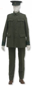 Volunteer Seán O’Duffy’s uniform, for which he paid a tailor 25 shillings, quite a large sum of money then. Many Volunteers wore their uniforms during the 1916 Rising but were treated as traitors by the British rather than as prisoners of war.