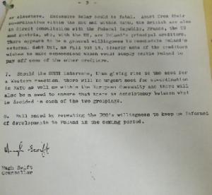 The last page of Hugh Swift’s letter (9 December 1980) from the Irish embassy in London reporting to Dublin on his meeting with Brian Fall, head of the Eastern Europe and Soviet Department of Britain’s Foreign and Commonwealth Office (FCO). (NAI)