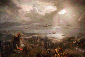 Above: The one-on-one combat on the right (detail left) shows Murchad taking on Jarl Sigurd of Orkney and killing him. Shortly after, Murchad lost his own life, but not before he slew 106 of the enemy. (Isaacs Art Center, Hawaii Preparatory Academy, Kamuela)