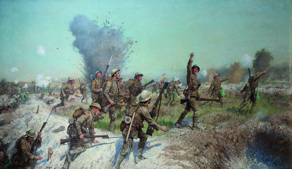 The charge of the Ulster Division, Somme, 1st July, 1916, by James Prinsep Beadle. Following the devastating casualties suffered by the 36th at the Somme, there were not enough Irish recruits to bring the division up to strength. One radical solution supported by Nugent involved the amalgamation of the two serving Irish divisions. (Belfast City Council) 