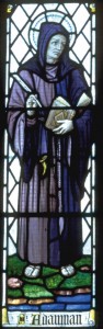 Stained glass window of Adomnán in St John the Baptist’s Church, St John’s, Isle of Man. (Frances Coakley)