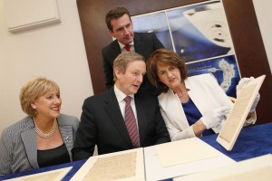 Minister Heather Humphreys, Taoiseach Enda Kenny, Minister of State Aodhán Ó Ríordáin and Tánaiste Joan Burton—viewing ‘A Mother Speaks’, a poem written by Patrick Pearse on 1 May 1916 while detained in Arbour Hill Barracks—at the official launch of the government’s plans to commemorate the 1916 Easter Rising. While the €22m programme is to be welcomed, what is their long-term commitment to our under-funded national institutions? (Helen Francis/Department of Arts, Heritage and the Gaeltacht)