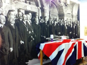 In Northern Ireland the ‘decade of centenaries’ got off to a lively start, for unionists, with debates and parades in 2012 to mark the centenary of the signing of the Ulster Covenant—such as this exhibition by the Grand Lodge of Ireland at Schomberg House, Cregagh Road, Belfast. But three years on, the Stormont Executive still has no agreed programme for the Decade of Commemorations. (Unionist Centenary Committee)