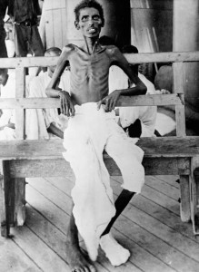 The besieged Kut garrison, two thirds of whom were Indian, surrendered on 29 April 1916. During the ensuing period of captivity in Anatolia many died from heat, disease and neglect. This emaciated sepoy was photographed after he had been liberated during an exchange of prisoners. (IWM)