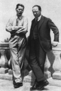 Above: In the 1930s Kerzhentsev (right) was a fixture of the Soviet cultural apparatus, mixing with figures such as Maxim Gorky (left), Dmitri Shostakovich and Mikhail Bulgakov.