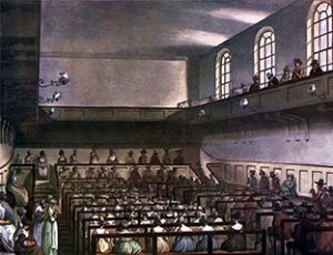 Above: Aquatint engraving of an original painting by John Bluck of an early nineteenth-century Quaker Meeting.