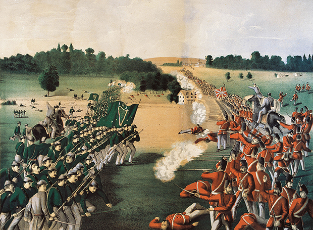 Above: An 1869 colour print of the Ridgeway raid, 2 June 1866. (NMI)